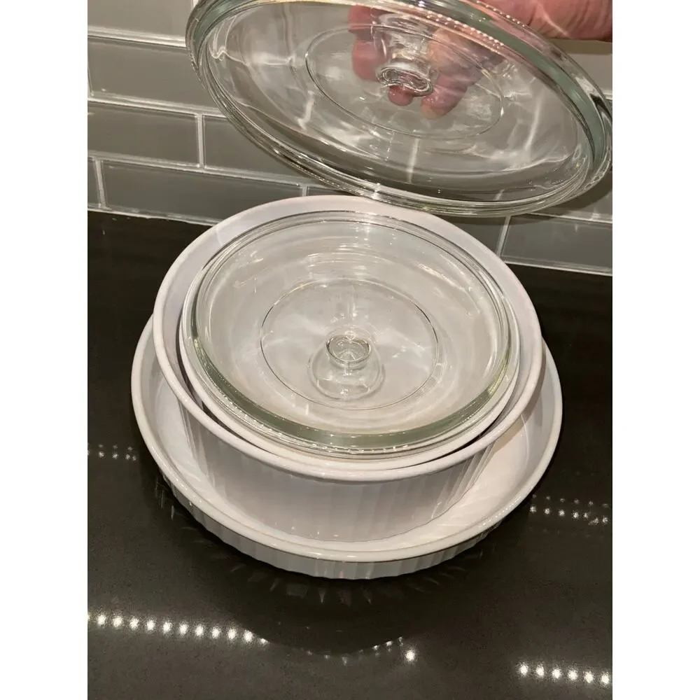 5pc Vintage Corningware French White Round Casserole Set F-5-B, F-1-B, F-3-B